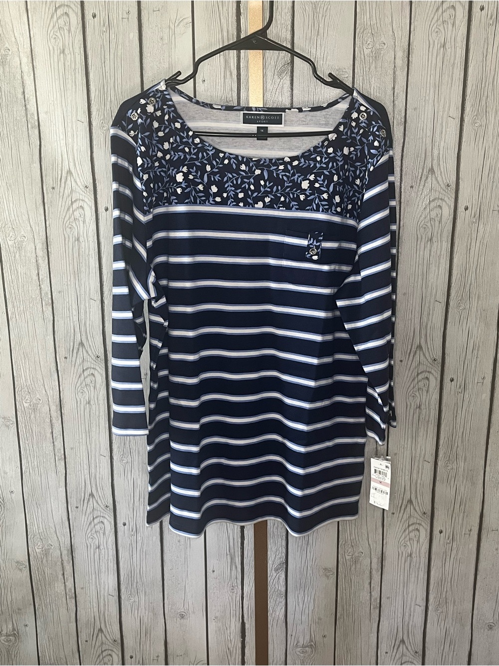 Karen Scott Sport Striped Floral Yoke Top 1X NWT Intrepid Blue